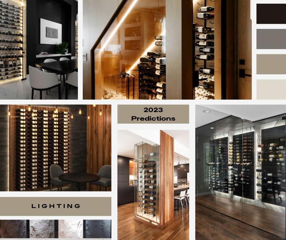 In this image, we have a collage of photos that include wine room and wine cellar designs with ambient and artful lighting. Plus, a color scheme to show the different colors that go well together. 