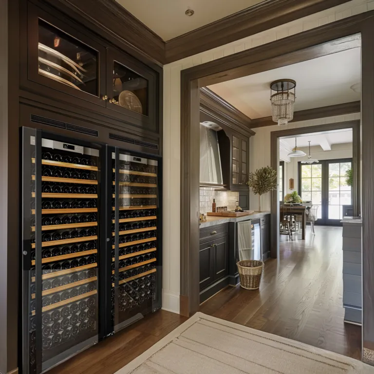 A luxurious kitchen with two Transtherm wine fridges stored in custom millwork.