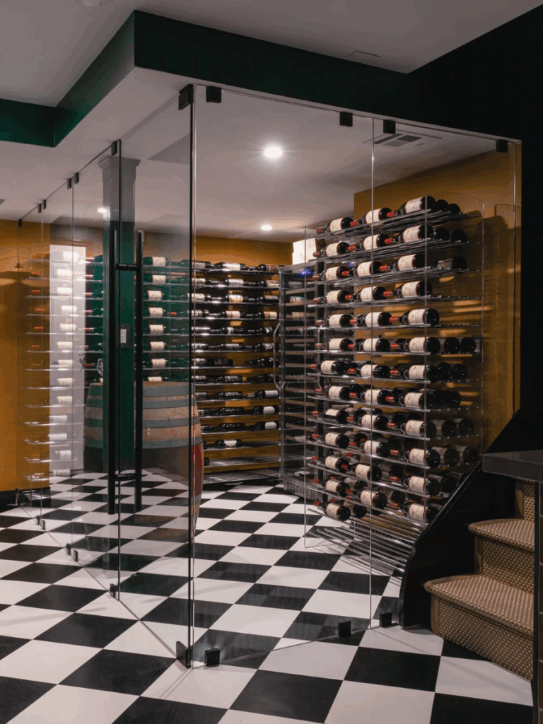 eclectic interior with wine tower inside cellar