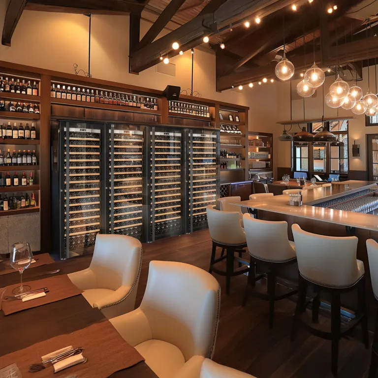 A luxurious bar with four Transtherm wine fridges stored in custom millwork.