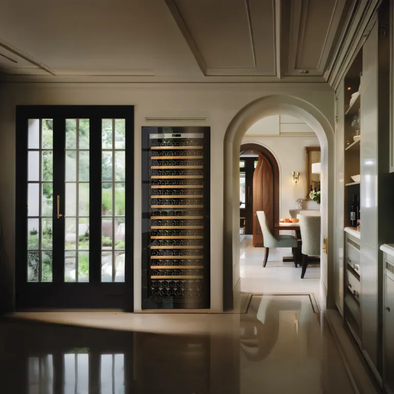 A luxurious living room with one Transtherm wine fridge stored in custom millwork.