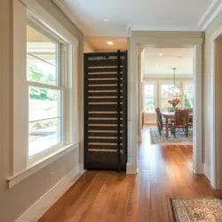 A luxurious living room with one Transtherm wine fridge stored in custom millwork.