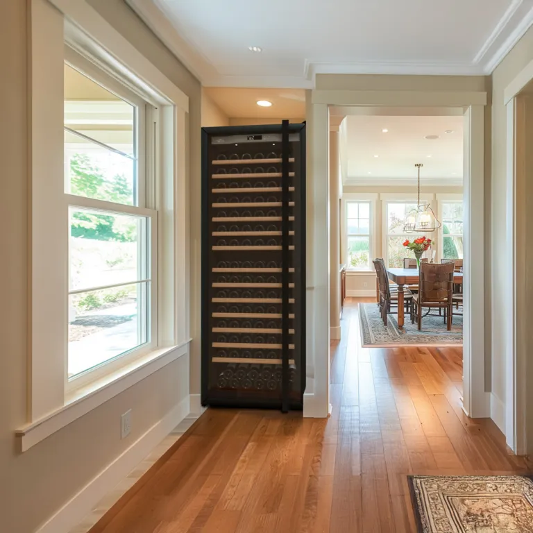 A luxurious living room with one Transtherm wine fridge stored in custom millwork.