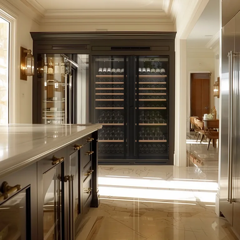 A luxurious kitchen with two Transtherm wine fridges stored in custom millwork.