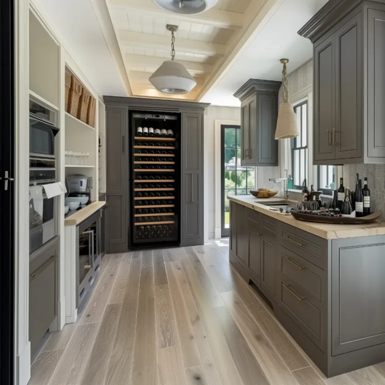 A luxurious kitchen with one Transtherm wine fridge stored in custom millwork.