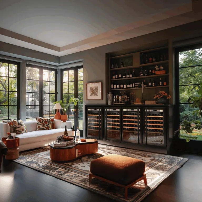 A modern living space with four small Transtherm wine fridges in custom millwork.