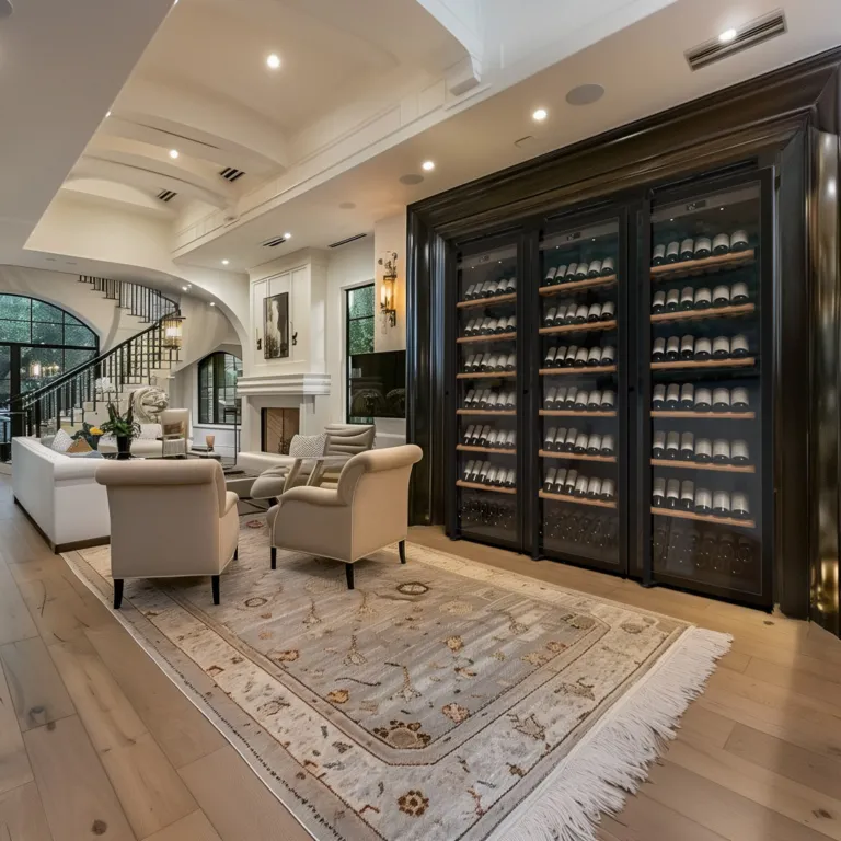A luxurious living room with three Transtherm wine fridges stored in custom millwork.