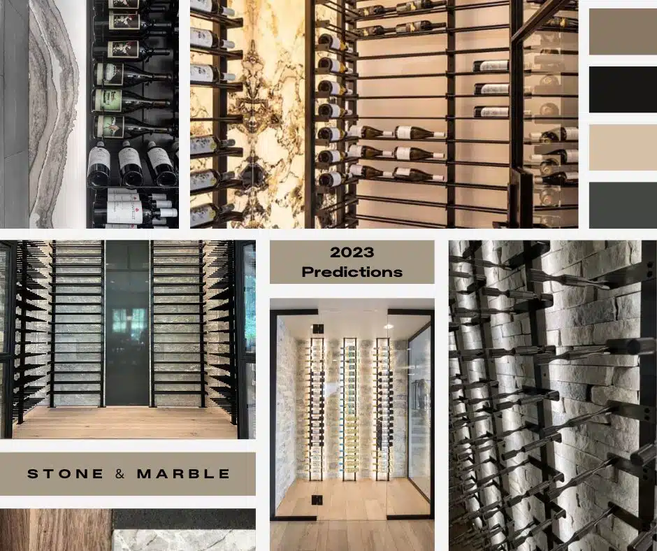 In this image we see wine racking against stone, marble, and other types of textured and upgraded wall treatments.