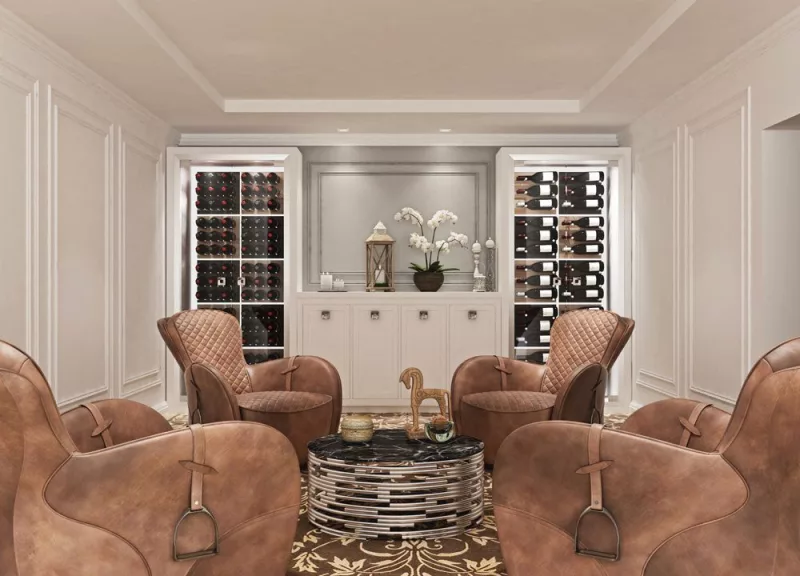Living Room Wine Wall with Grain + Rod