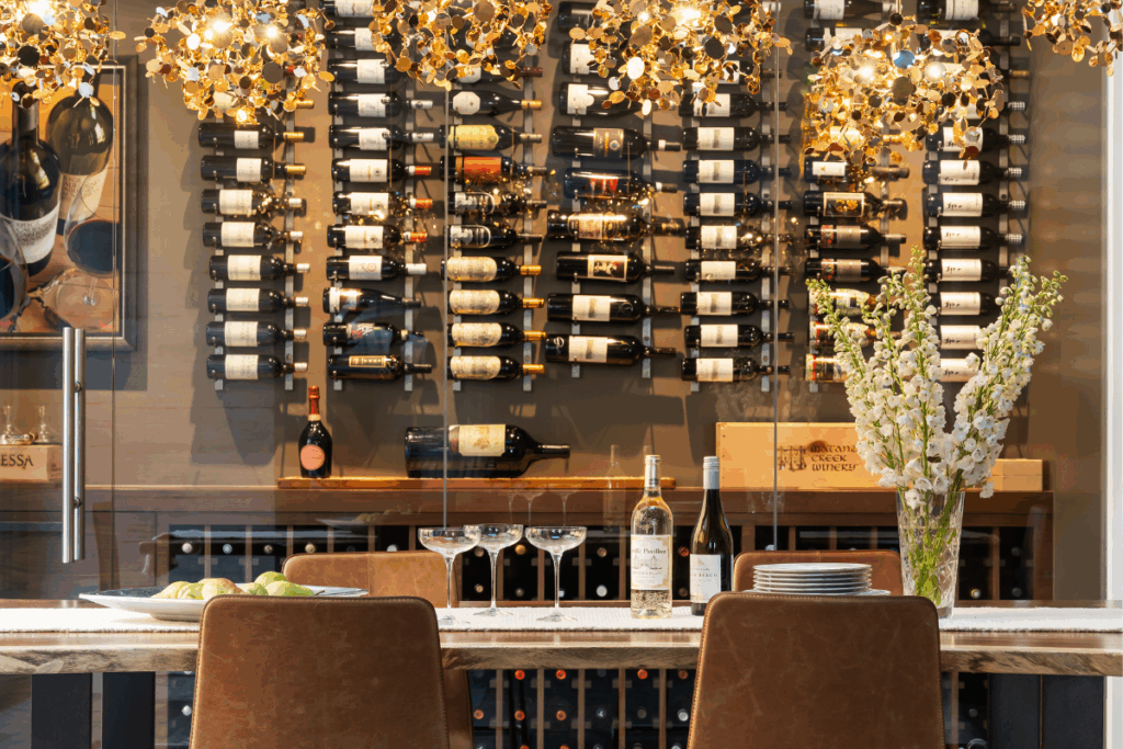 W series wine racking inside a glass cellar in the dining room.