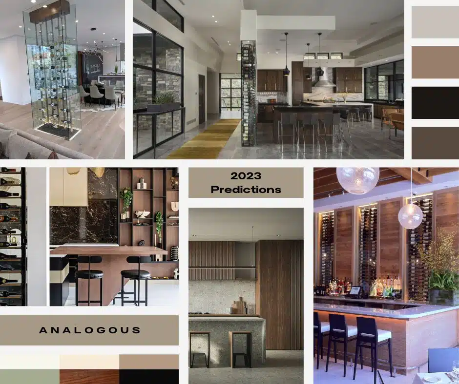 In this image, we have a collage of photos showing different interior designs with wine racking or kitchen decor. The photos express the analogous color scheme. There are also many wine displays against glass, and different types of stone or paneled walls.