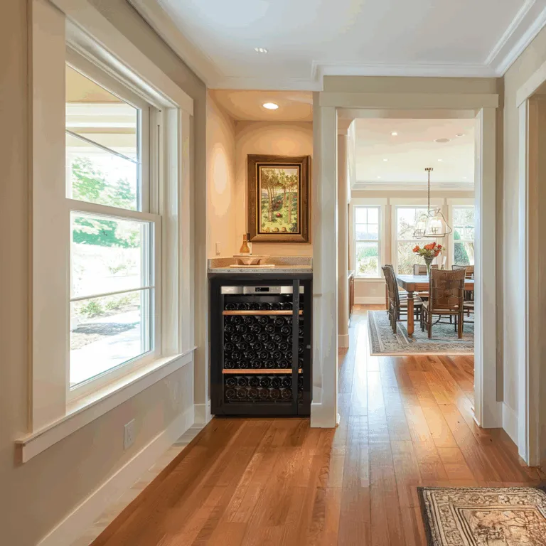 A modern living space with one small Transtherm wine fridge in custom millwork.
