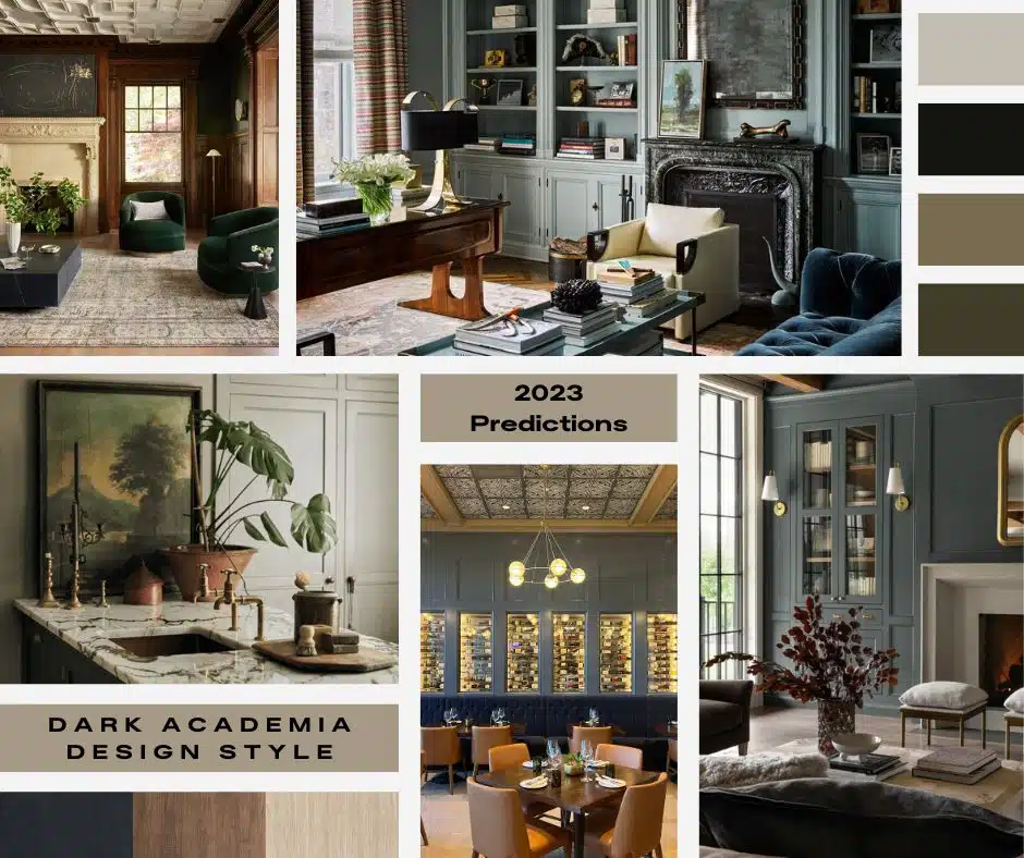 In this image we have a collage of interiors that play on the dark academia design style. We have muted paint colors, darker tones, and vintage decor pieces. There is a modern flair too, with unique furniture and materials used within the properties.