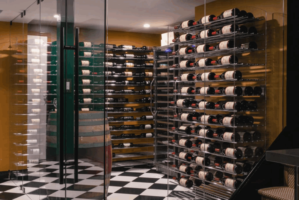 wine tower inside eclectic cellar