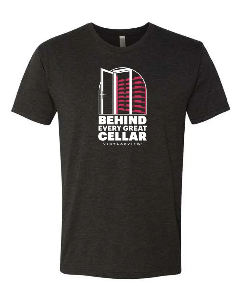 The front of a VintageView Merch shirt that says "Behind every great cellar"