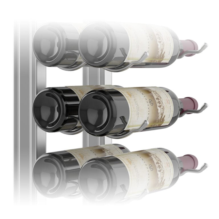 Close up of W Series Single Sided Floor to Ceiling Wine Rack System. Shows W Series Wine Rack, W Series Frame, W Series Frame Backer Bar, all in Cool Gray (a special order finish)