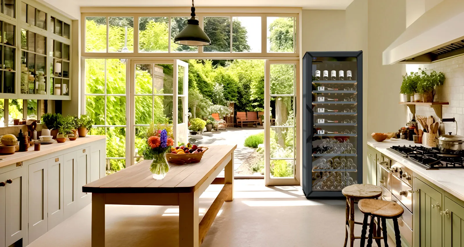 Goguette Large Slate Blue Wine Fridge in a Country Inspired Kitchen
