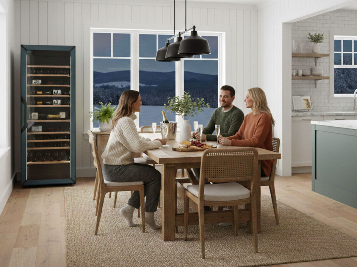 Goguette Large 1T Wine Fridge in a cozy New England Modern Farmhouse stuyled home.