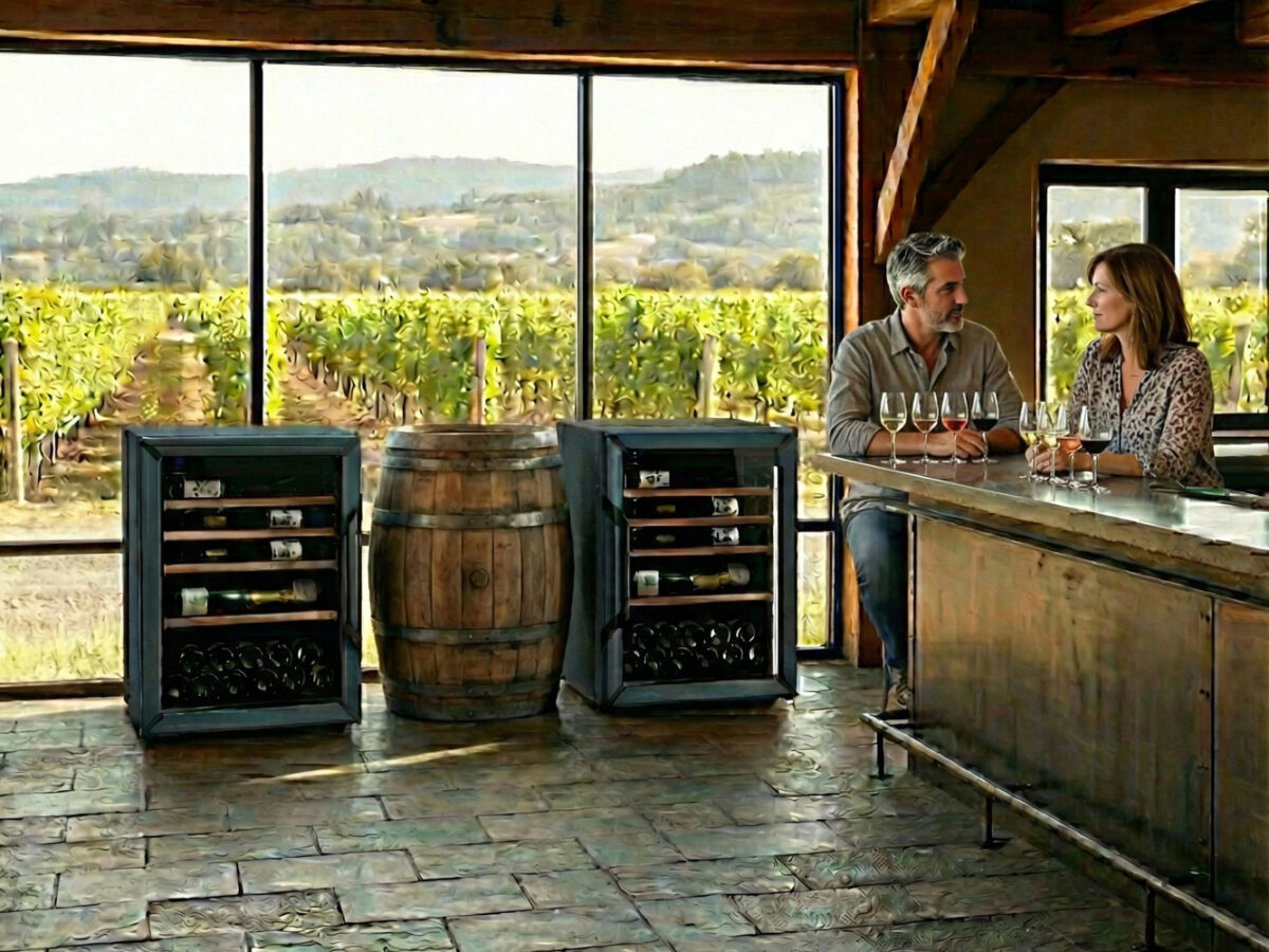 A winery with two Goguette Small 1T Wine Fridges in Slate Blue.