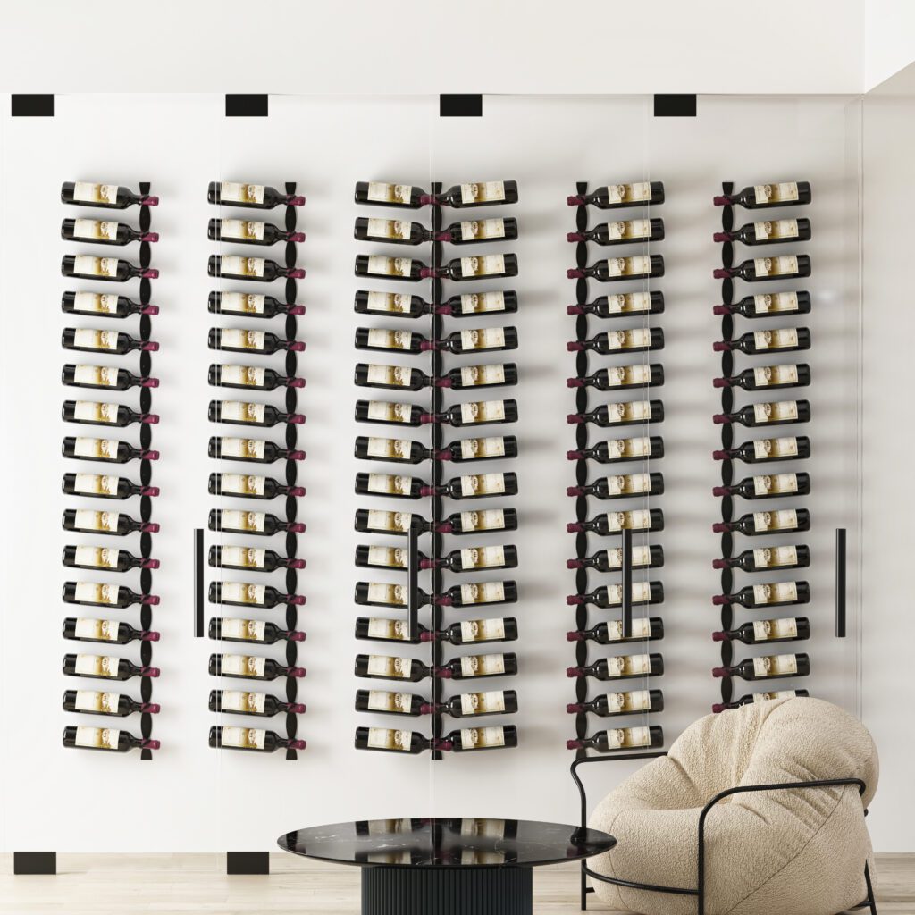 glass enclosed wine cellar design with vintageview's helix wine rack in dual and single bottle depth, and a finish of matte black. The design boasts a bottle storage capacity of 96 bottles. The design is contemporary with minimal furniture and decor. 