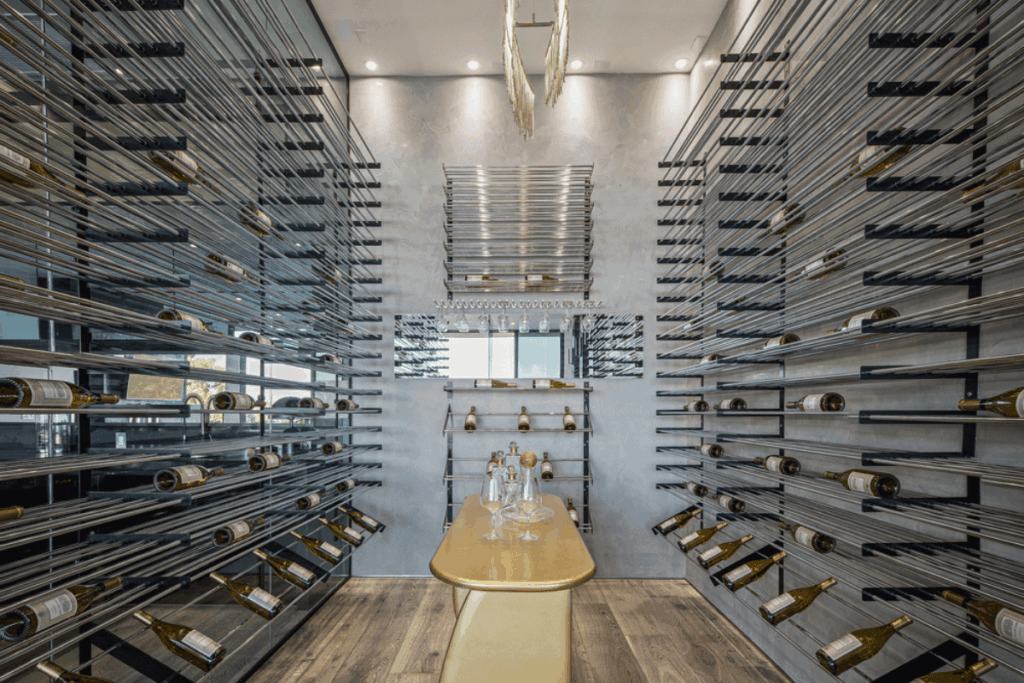 wine wall design with chrome rods