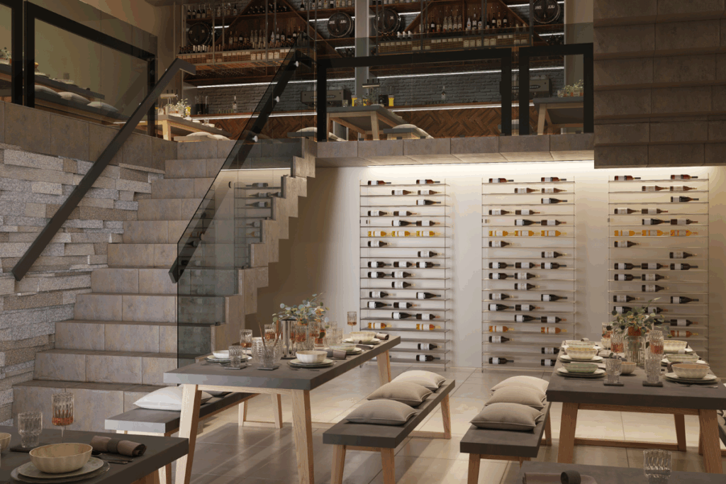 restaurant design with wine tower