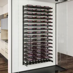 Evolution Wine Wall Cork Ledge and Wine Wall Display behind glass.