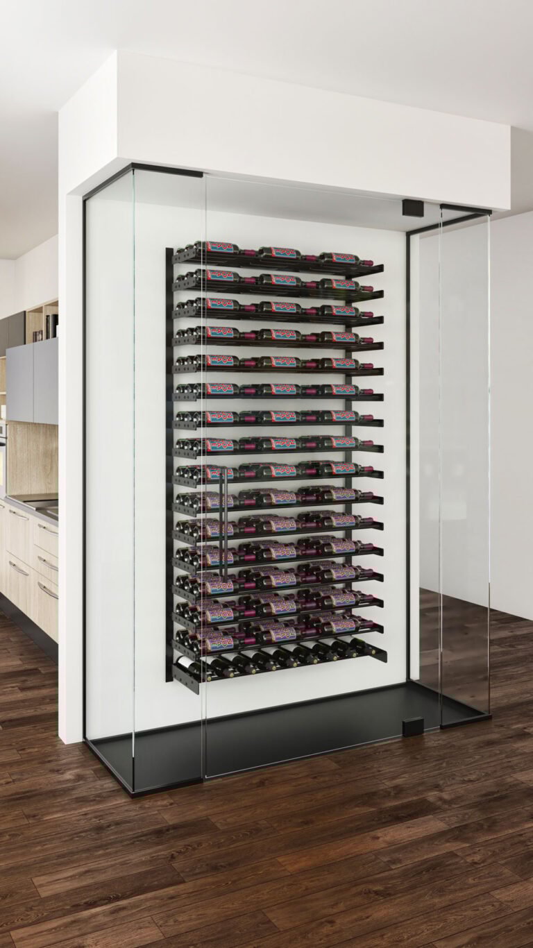 Evolution Wine Wall Cork Ledge and Wine Wall Display behind glass.