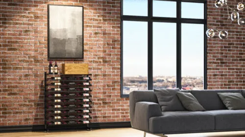 A 3D rendering of the Evolution Island Display Rack in a chic industrial living space.