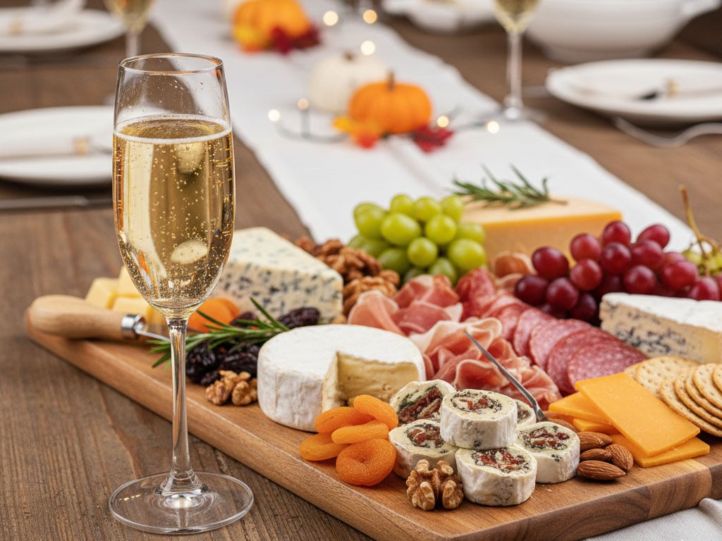 A cheese plate with a glass of champagne