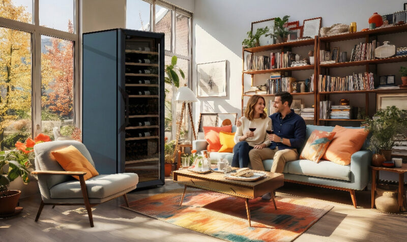 The Goguette Wine Fridge in Slate Blue in a cozy living room.