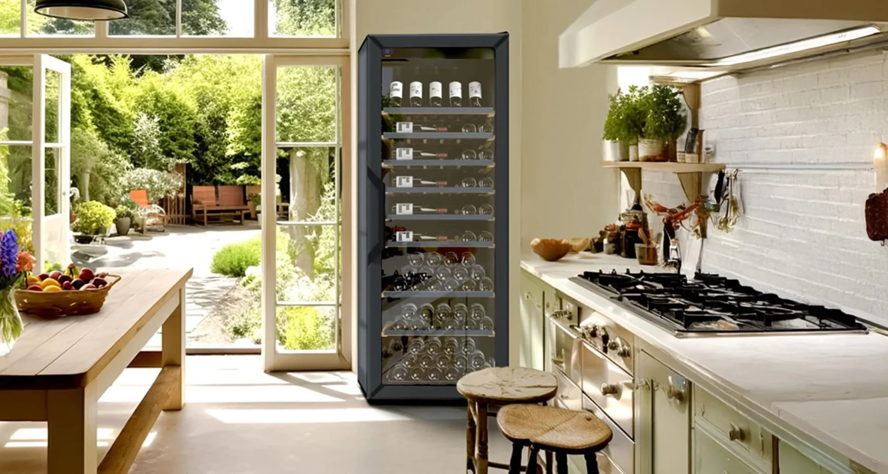 Goguette wine fridge in a sunlit French kitchen