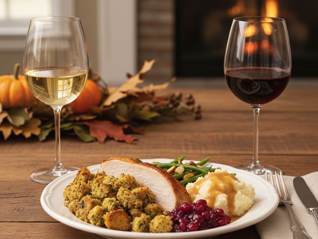 Plate of turkey with a glass of red and white wine.