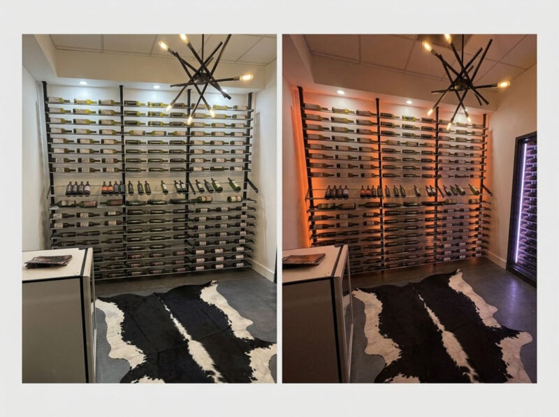 A before and after photo showing how a wine room is elevated with light.