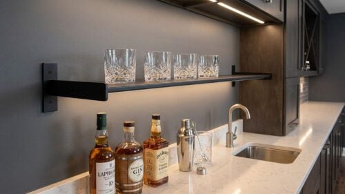 Evolution Wine Wall Shelf in a home wet bar.